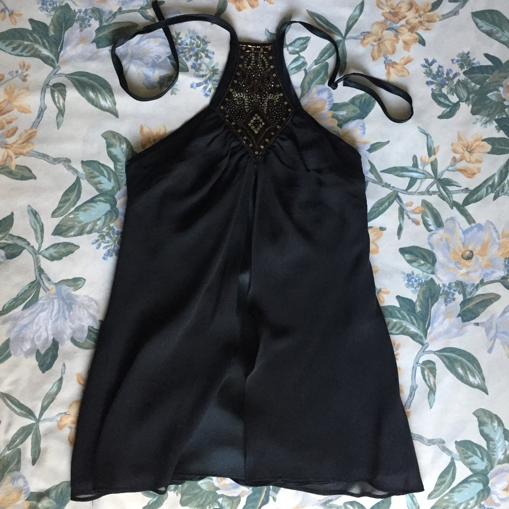 Black Chiffon Silk Tie Back Halter Sequin Tank Top